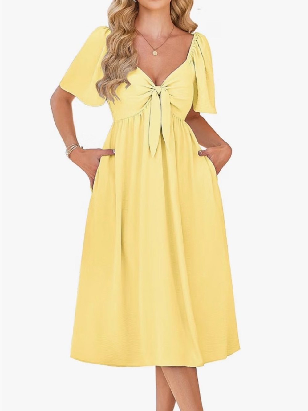 Tie-Front Midi Dress with Flutter Sleeves - Yellow